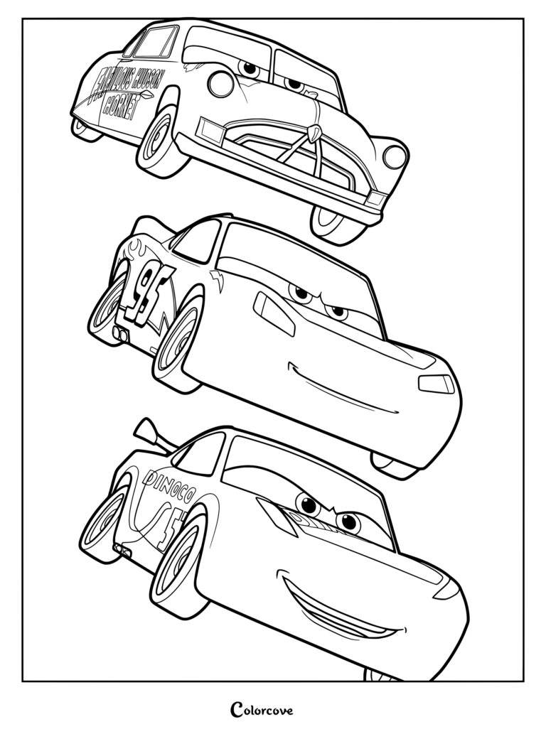 Coloriage mettant en scène Cars Disney avec Doc Hudson dans sa classique livrée bleue en haut, Flash McQueen dans son rouge emblématique au milieu et Cruz Ramirez arborant son style Dinoco jaune en bas.