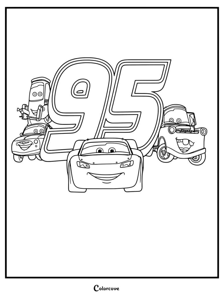 Un coloriage Cars Disney à imprimer montrant Flash McQueen, Martin, Luigi et Guido devant un chiffre 95 géant.