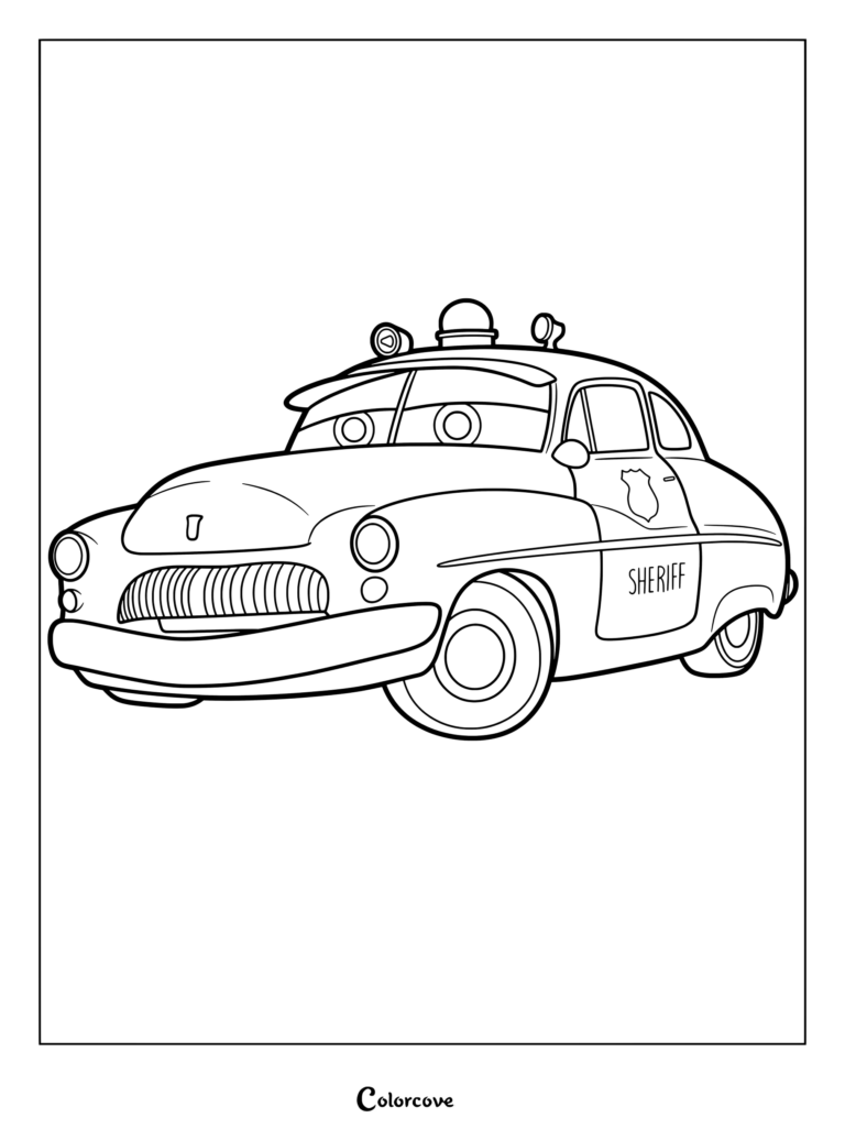 Coloriage de Shérif représentant la voiture de police anthropomorphe de Cars Disney.