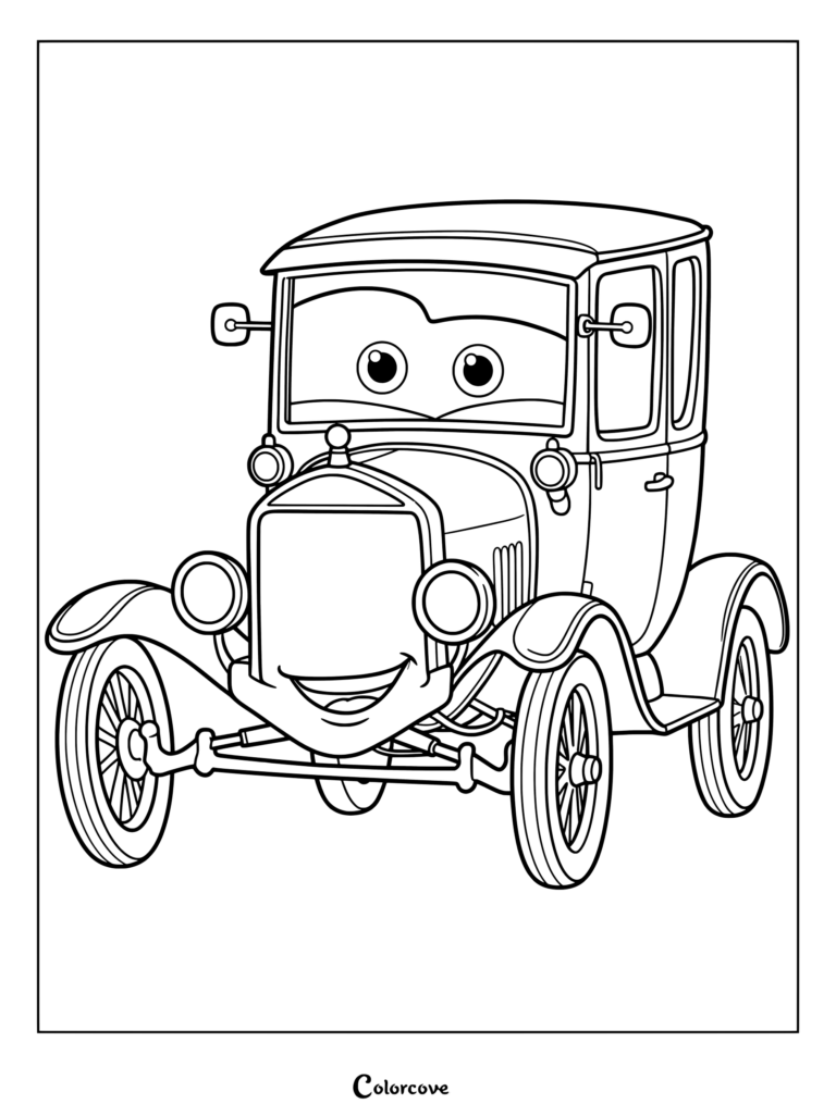 Coloriage de Lizzie mettant en valeur la voiture ancienne de Cars Disney.