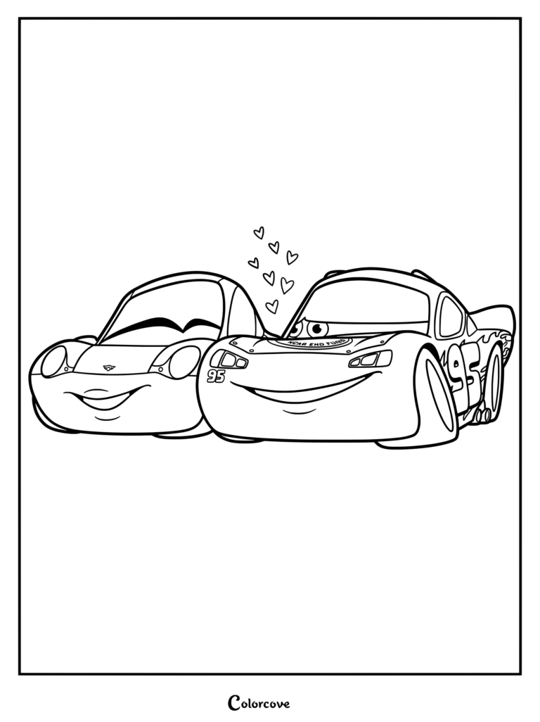 Coloriage gratuit Cars Disney mettant en scène un fan art de Flash McQueen et Sally Carrera.