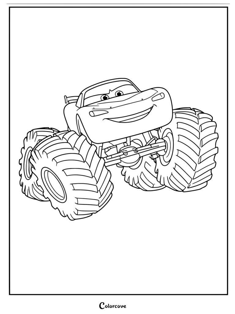 Coloriage Cars Disney représentant Flash McQueen transformé en monster truck géant avec des pneus tout-terrain surdimensionnés.