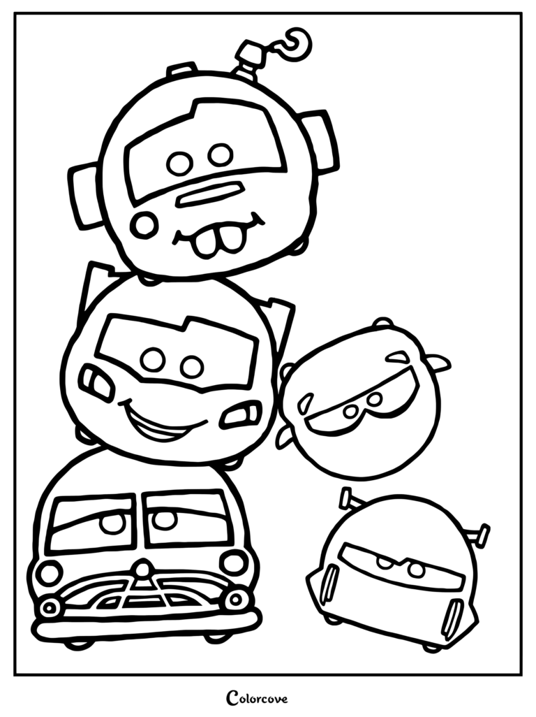 Coloriage Cars Disney représentant un empilement d'adorables personnages stylisés de la franchise Disney·Pixar Cars, dessinés dans une esthétique ronde façon Tsum Tsum.