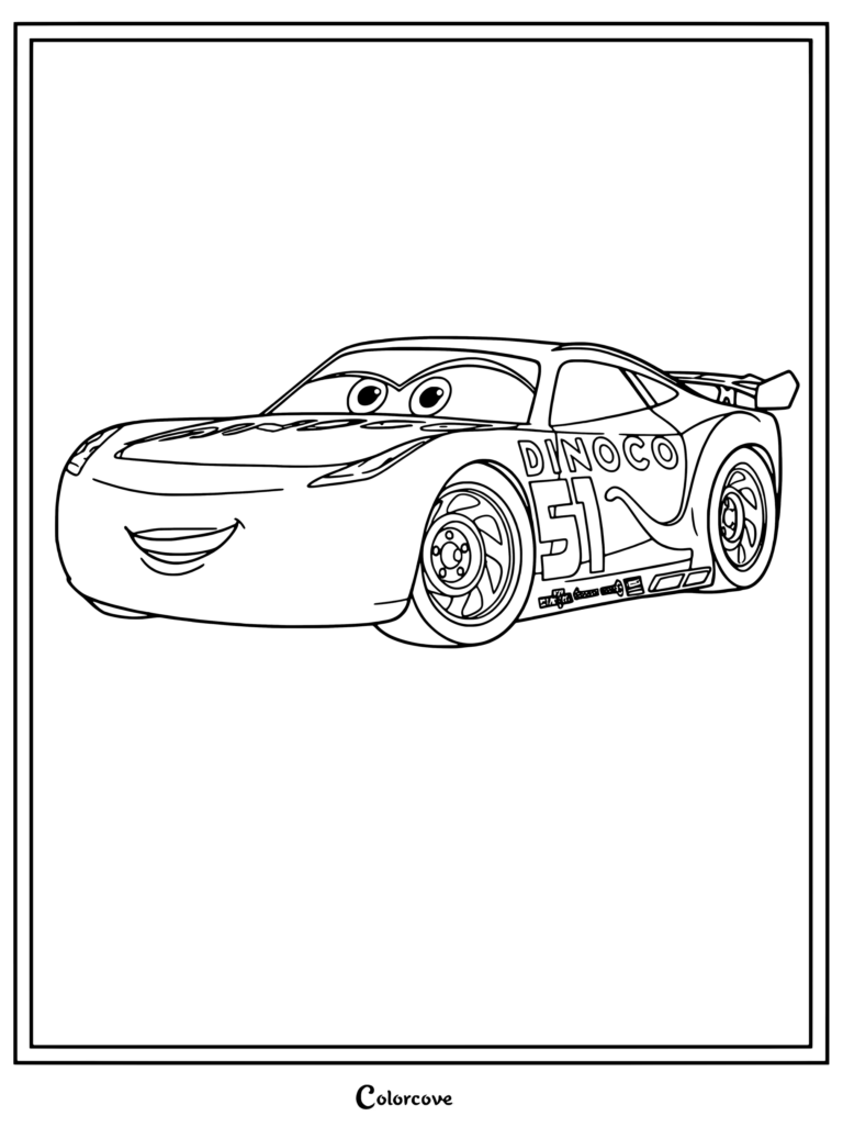 Coloriage Cars Disney mettant en scène Cruz Ramirez du film Disney·Pixar Cars 3, parée des couleurs jaune et bleue de l'écurie Dinoco avec le numéro 51.