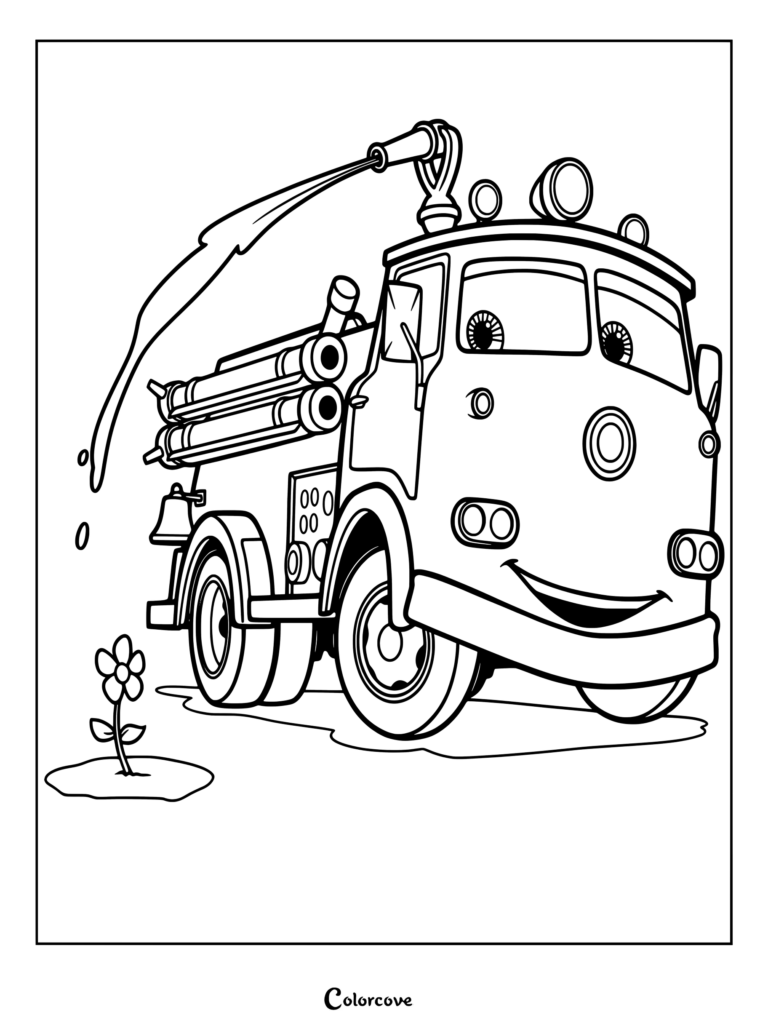 Red, l'immense camion de pompiers de Cars Disney, souriant en arrosant une petite fleur dans ce coloriage Cars Disney à imprimer.