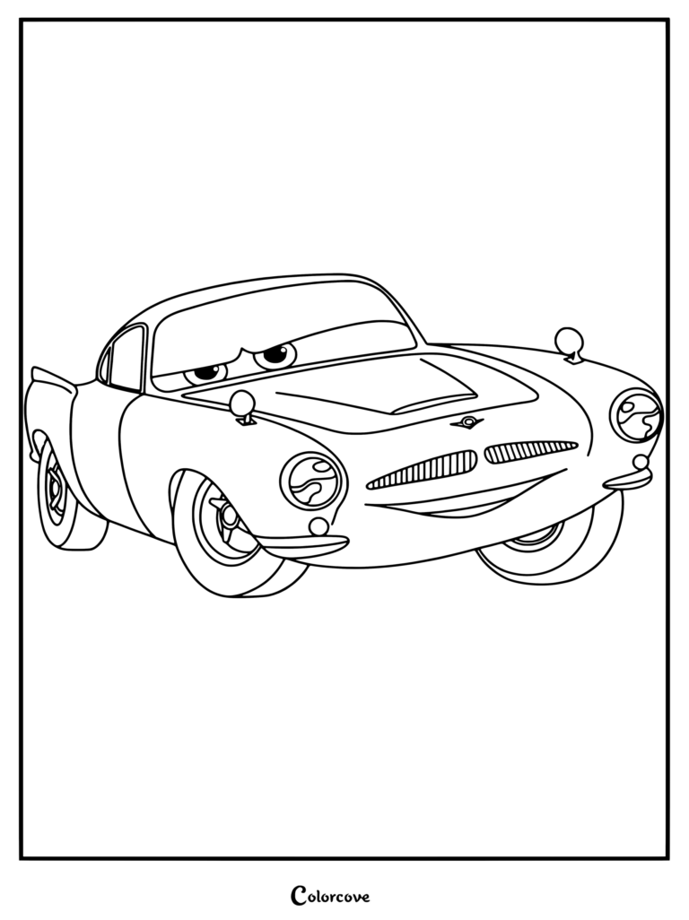 Un coloriage Cars Disney à imprimer avec Finn McMissile, la voiture espionne britannique bleu clair de Cars 2.