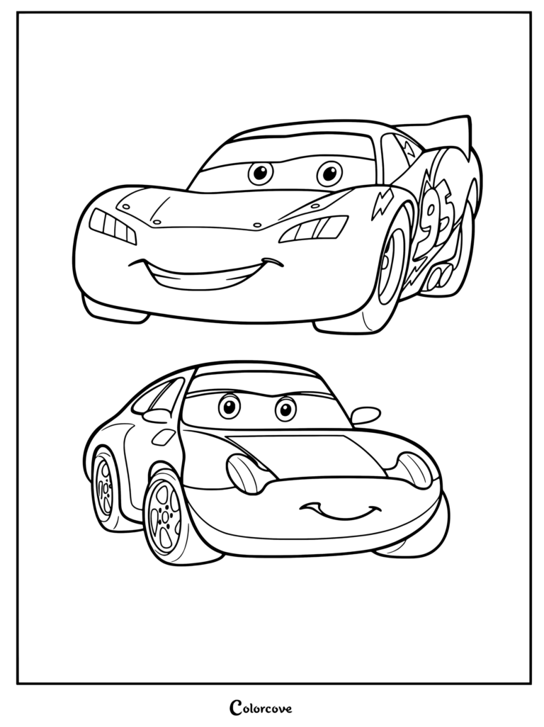 Coloriage gratuit Cars Disney mettant en scène Flash McQueen et Sally Carrera.