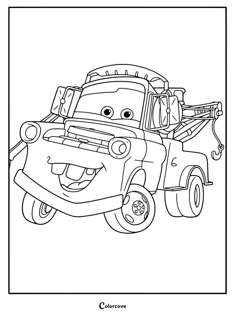 Coloriage de Martin représentant la sympathique dépanneuse rouillée de Cars Disney avec un large sourire découvrant ses dents.