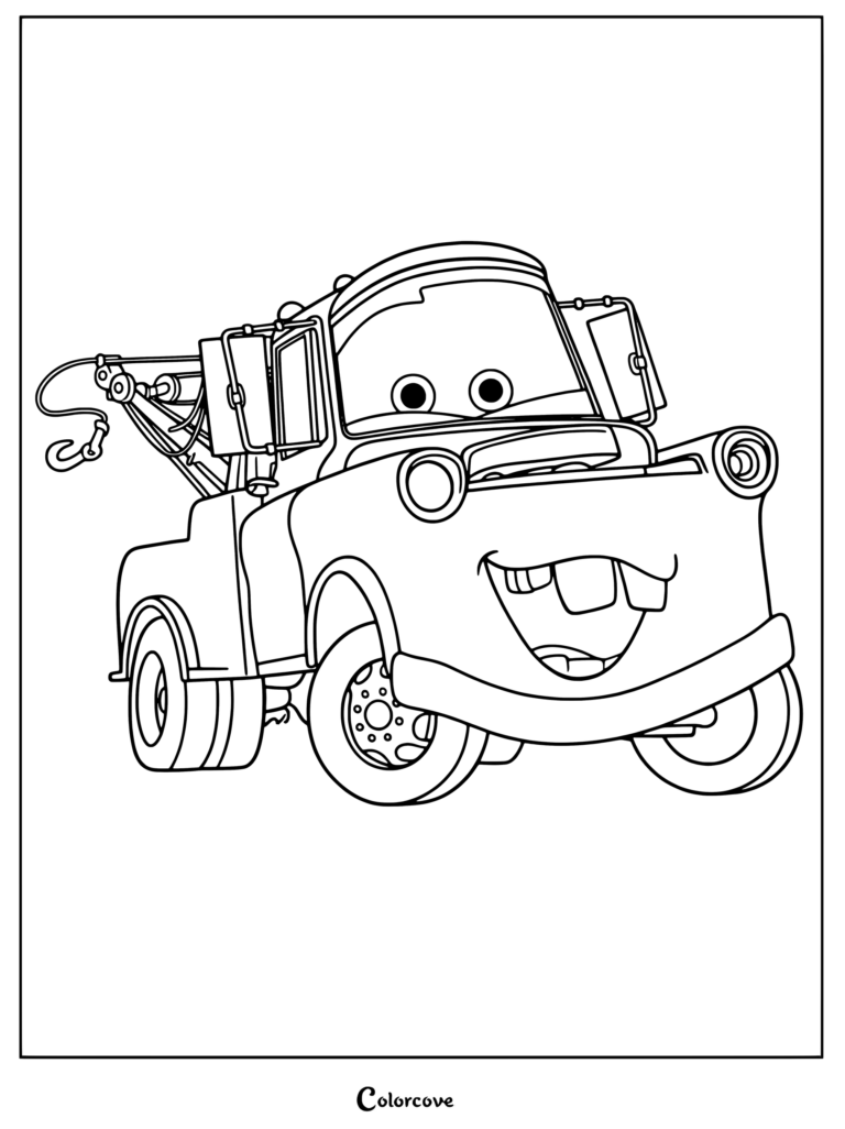 Coloriage de Martin mettant en scène la chaleureuse dépanneuse de Cars Disney avec son grand sourire emblématique et son crochet de remorquage.