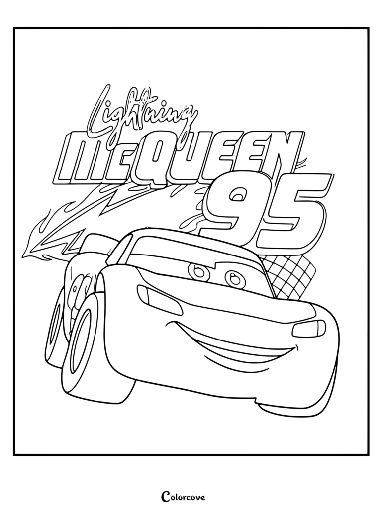 Coloriage Cars Disney de Flash McQueen 95 représentant la voiture de course souriante avec une typographie marquée et un drapeau à damier.