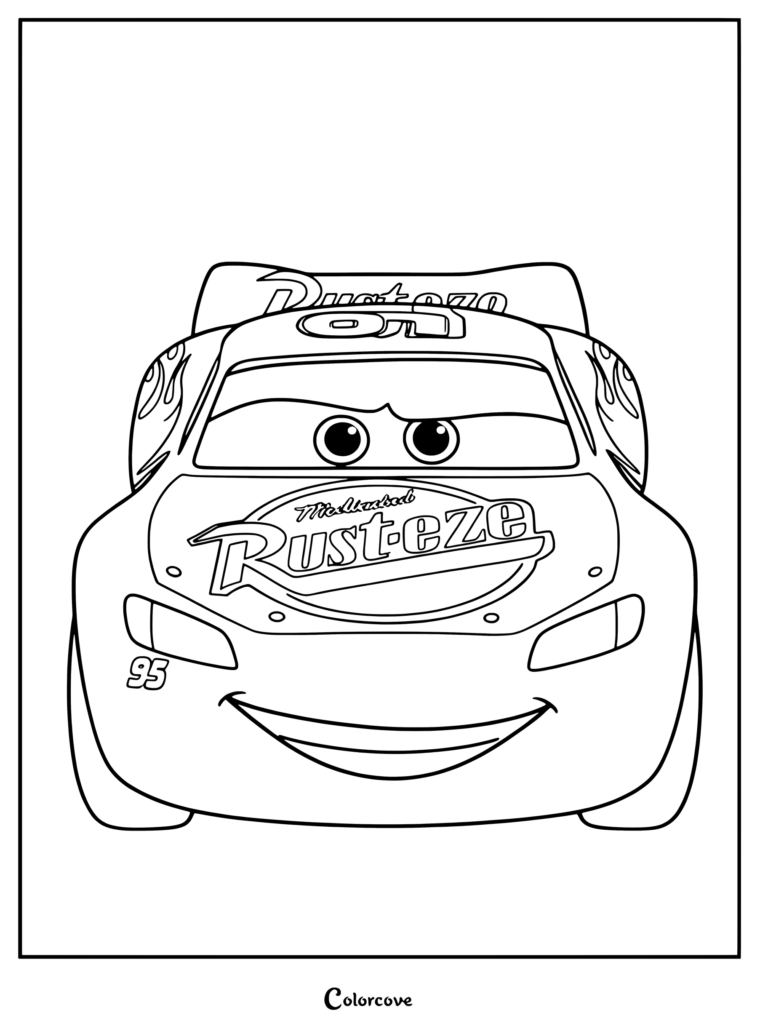 Coloriage mettant en vedette Flash McQueen de Cars Disney au premier plan.
