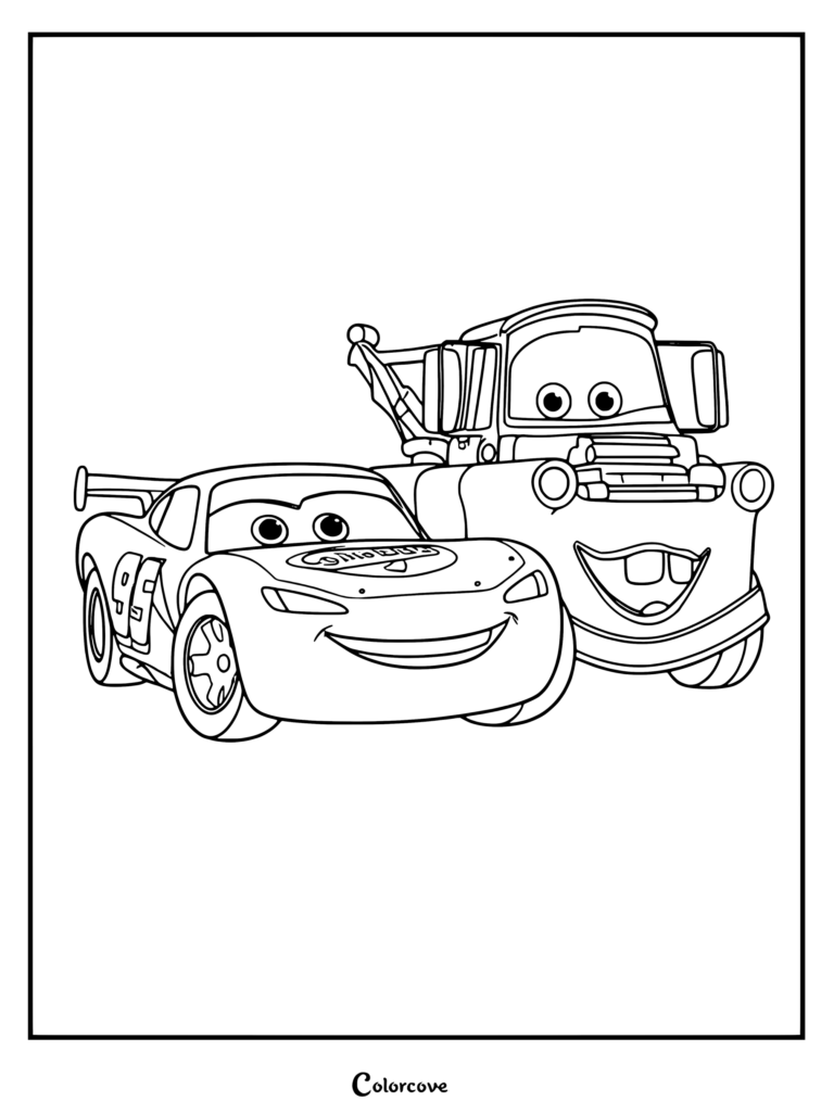Coloriage de Flash McQueen et Martin mettant en scène les personnages de Cars Disney.