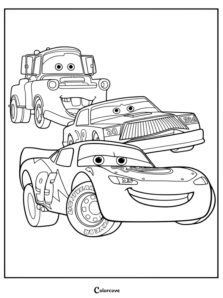 Coloriage de Flash McQueen, Martin et Chick Hicks issu de Cars Disney