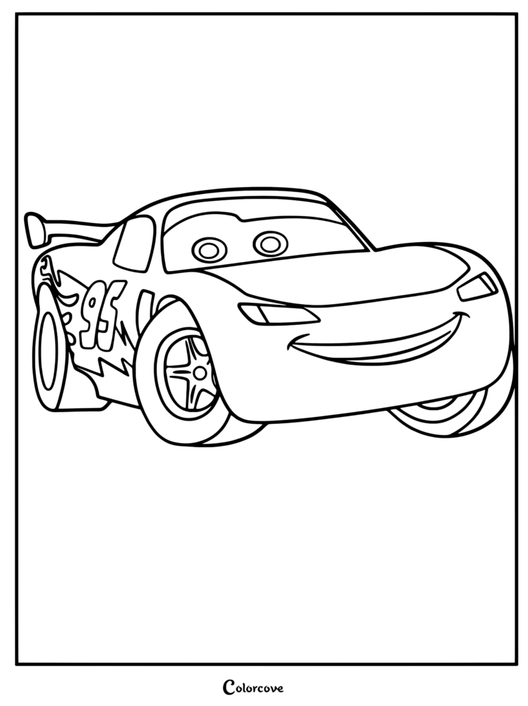 Coloriage de Flash McQueen montrant le célèbre personnage de Cars Disney tout sourire.