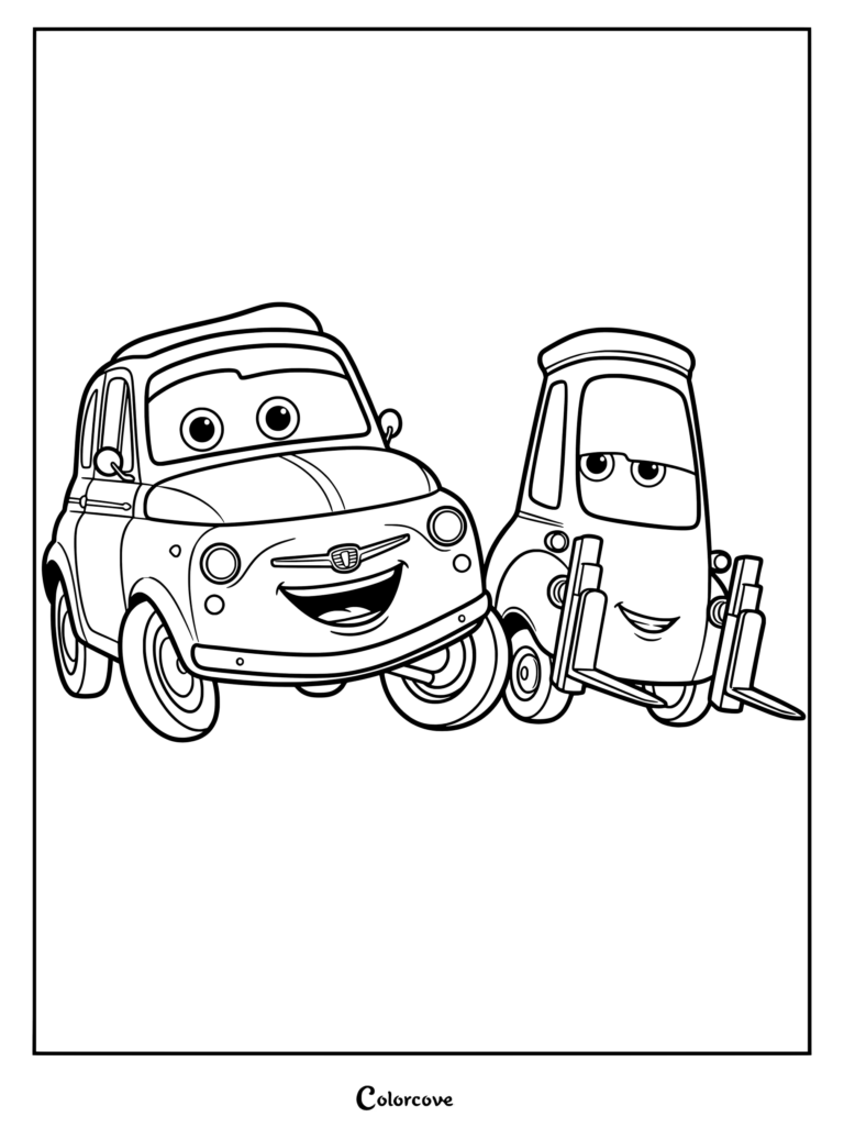Coloriage de Luigi et Guido de Cars Disney montrant la sympathique Fiat jaune et son ami chariot élévateur tout souriants.