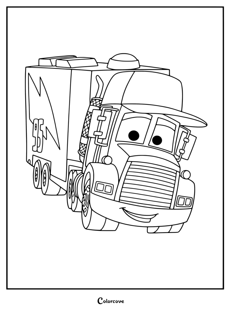 Coloriage de Mack mettant en scène le sympathique camion semi-remorque de Cars Disney.