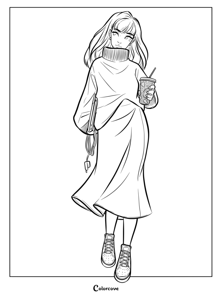 Coloriage de Princesses Disney de Cendrillon présentant une tenue composée d'un pull col roulé crème douillet associé à un jupon midi bleu clair et des baskets blanches.