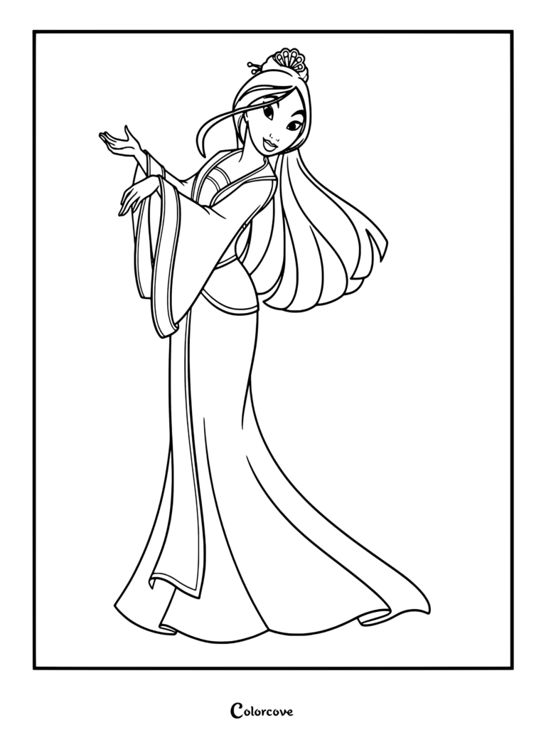 Coloriage de Princesses Disney de Mulan en robe traditionnelle chinoise