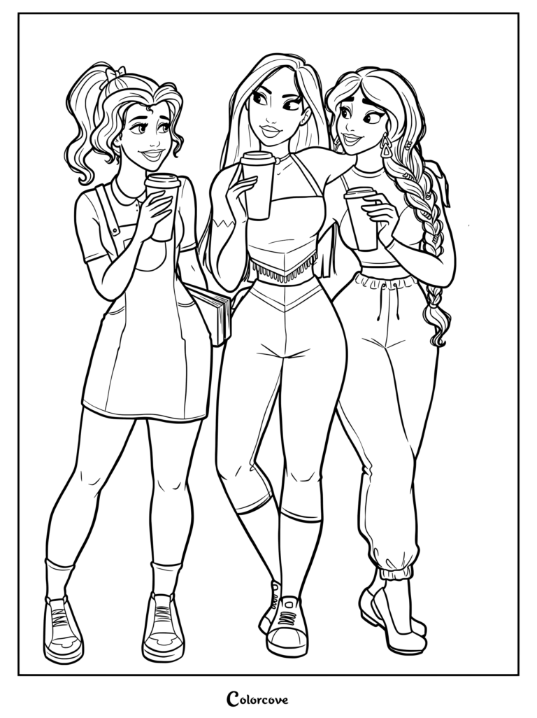 Un coloriage de Princesses Disney représentant Belle, Pocahontas et Jasmine réimaginées en meilleures amies modernes tenant des tasses de café.