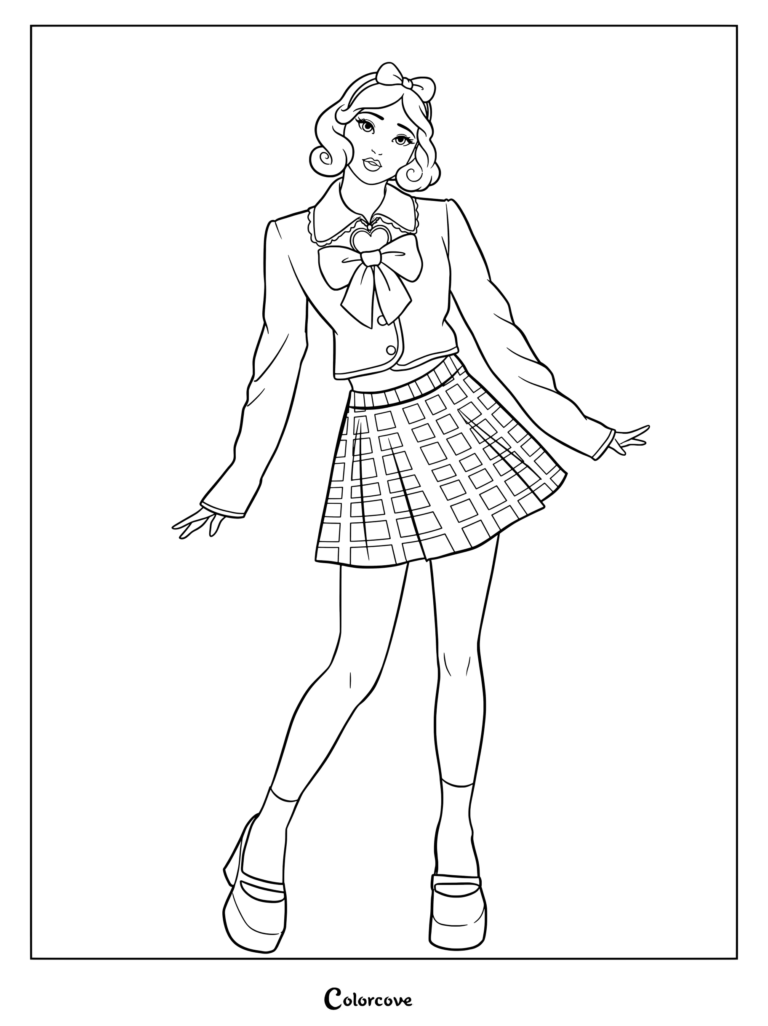 Coloriage de Princesses Disney qui réimagine Blanche-Neige dans une tenue à l'esthétique coquette moderne comprenant un gilet court bleu avec un nœud rouge et une jupe plissée à carreaux jaunes.
