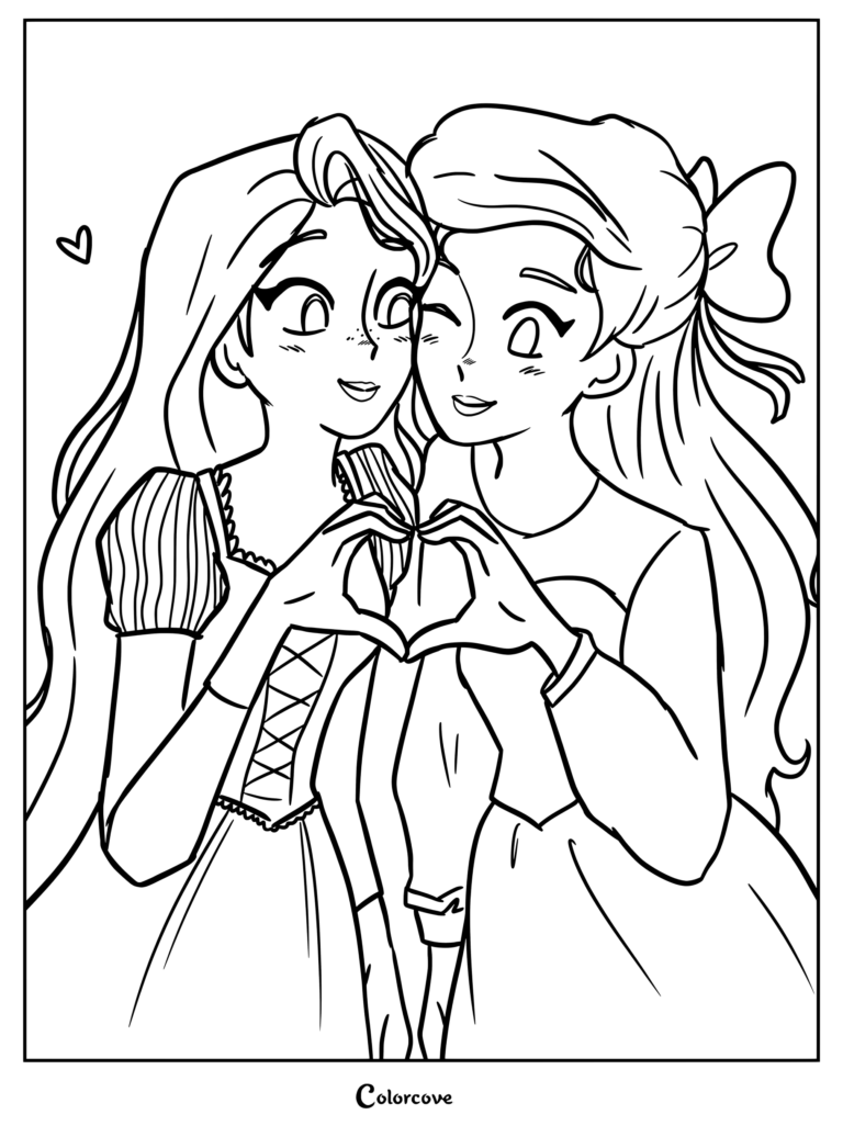 Un coloriage de Princesses Disney montrant un fan art de Raiponce (Raiponce) et d'Ariel (La Petite Sirène) formant un cœur avec leurs mains.