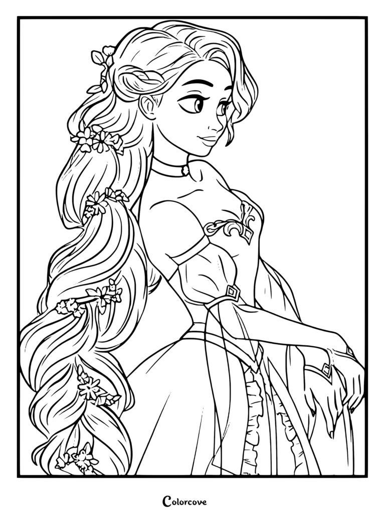 Coloriage gratuit de Princesses Disney présentant un fan art de Raiponce (tiré du film Raiponce de Disney) vêtue d'une robe mauve décorée de fleurs dans ses longs cheveux dorés.