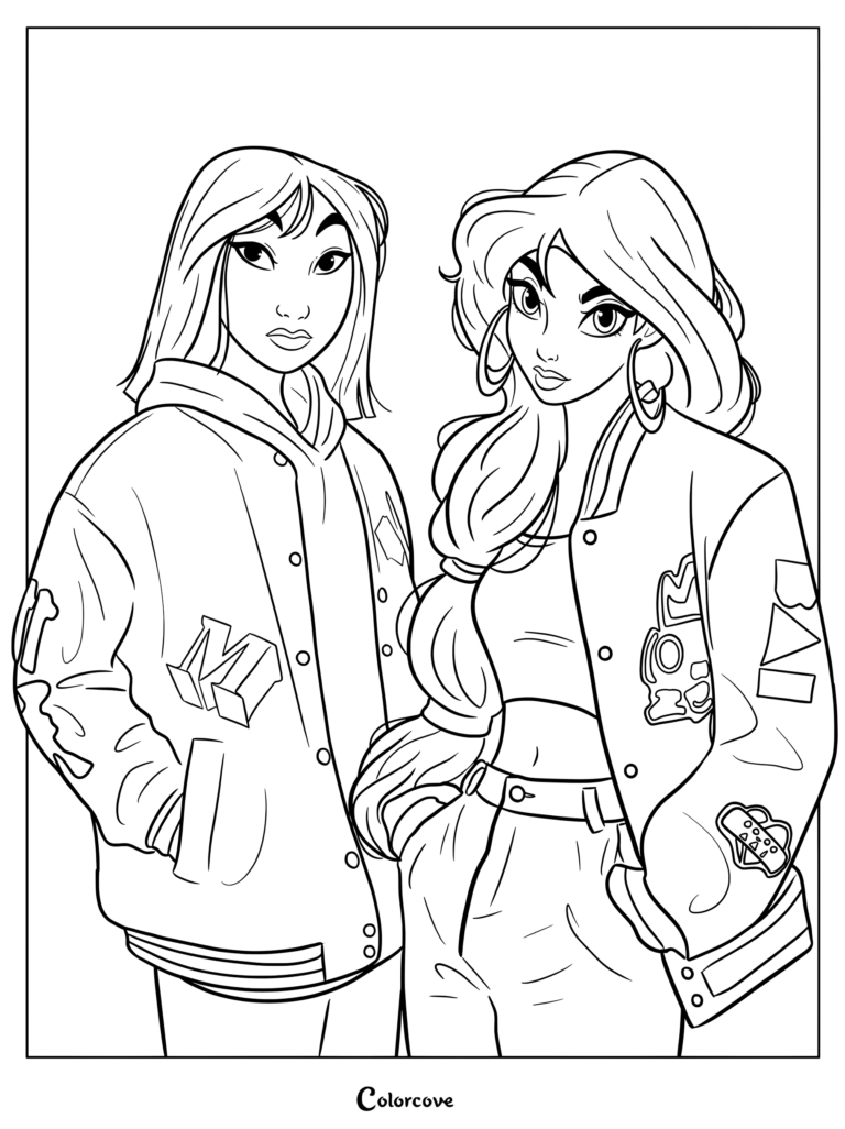 Coloriage de Princesses Disney de Mulan et Princesse Jasmine portant des vestes style teddy oversized et des vêtements streetwear.