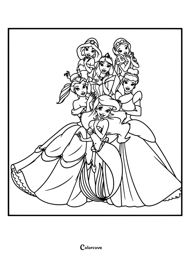 Un coloriage de Princesses Disney à imprimer montrant une illustration de groupe classique de plusieurs personnages, dont Belle, Ariel, Cendrillon, Jasmine, Aurore et Blanche-Neige, posant ensemble dans leurs robes signature.