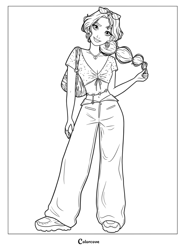 Un coloriage à imprimer d'une Princesses Disney de mode moderne, Jasmine, portant un haut court bleu clair et un pantalon ample bicolore.