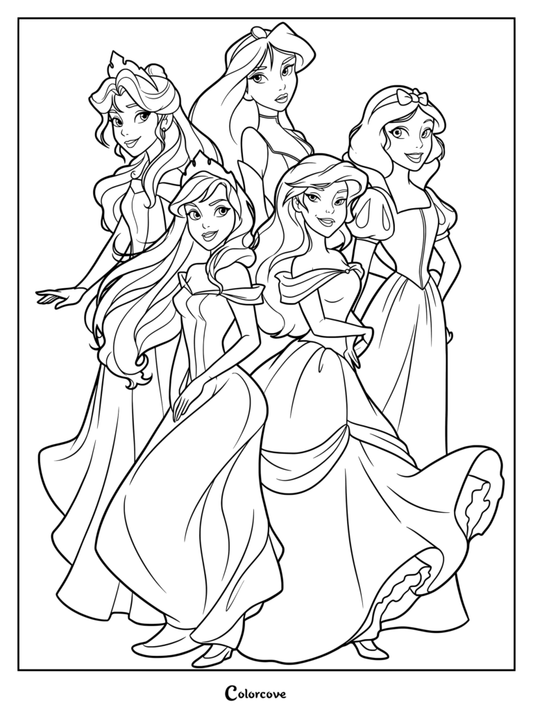 Coloriage de Princesses Disney présentant une illustration de groupe artistique de Blanche-Neige, Ariel, Cendrillon et Belle dans un style aquarelle doux.