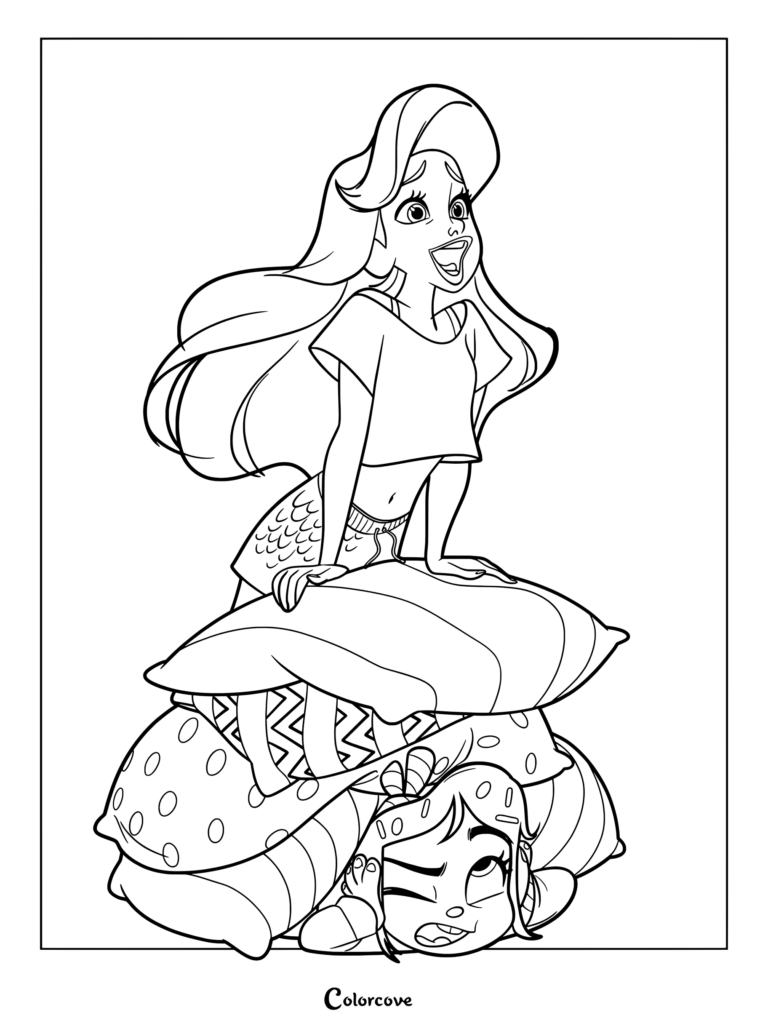 Ariel (La Petite Sirène) dans des vêtements confortables assise sur une pile de coussins piégeant Vanellope von Schweetz, un coloriage de Princesses Disney amusant.