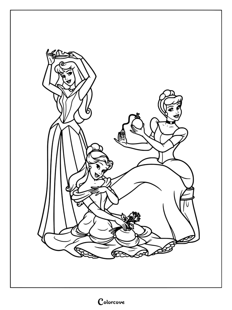Coloriage classique de Princesses Disney mettant en vedette Aurore, Belle et Cendrillon