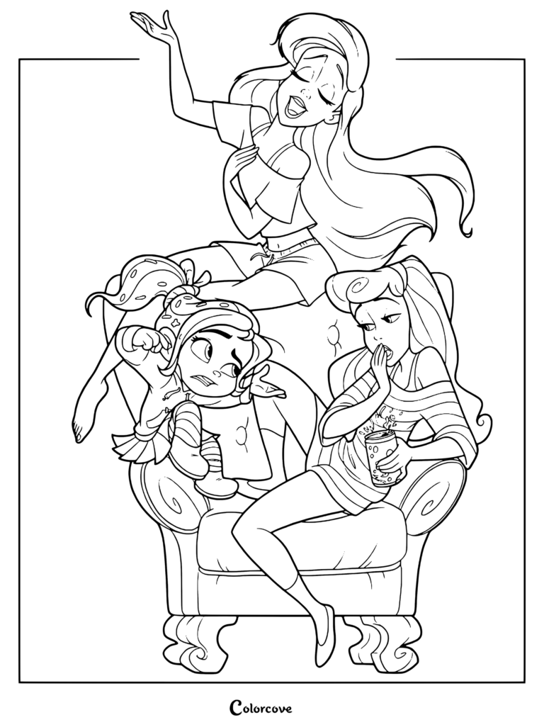 Un coloriage de Princesses Disney à imprimer mettant en scène Ariel, Vanellope von Schweetz et Aurore détendues en vêtements décontractés, inspiré du film Les Mondes de Ralph 2.