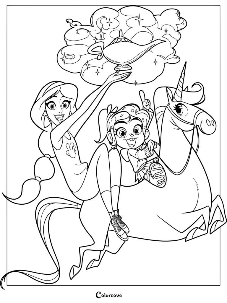 Princesse Jasmine et Vanellope von Schweetz du film Les Mondes de Ralph 2 chevauchant une licorne dans ce coloriage de Princesses Disney, tenant une lampe magique au-dessus d'elles.