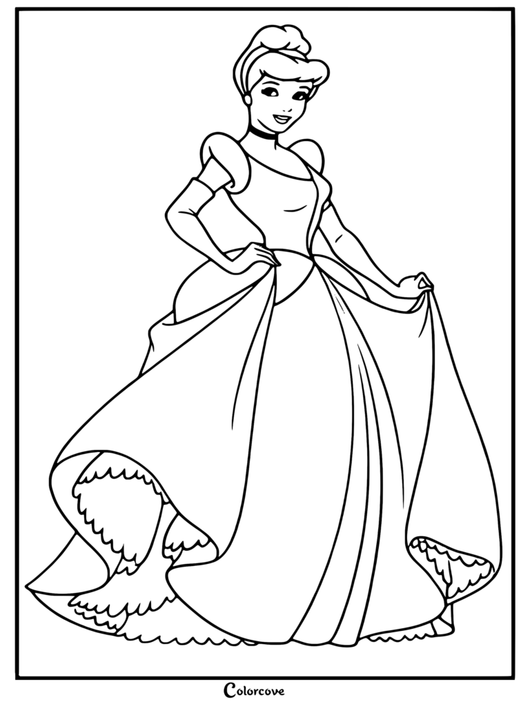 Coloriage de Princesses Disney de Cendrillon mettant en vedette sa robe de bal emblématique, ses gants d'opéra et son collier ras du cou.
