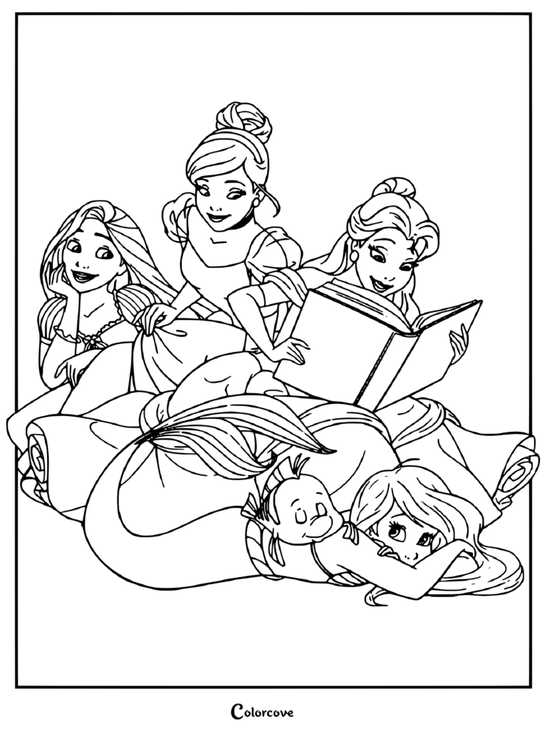 Coloriage de Princesses Disney représentant Ariel, Belle, Cendrillon et Raiponce réunies avec Polochon pendant que Belle lit un livre.