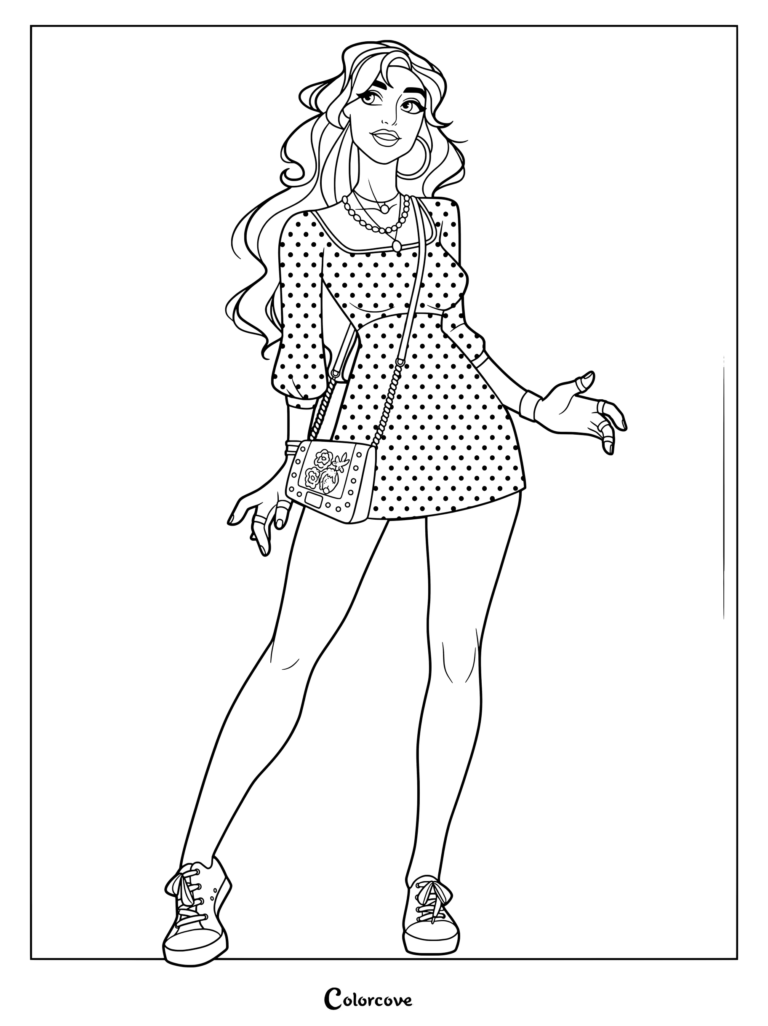 Coloriage gratuit de Princesses Disney présentant une interprétation moderne d'Esméralda (du film Le Bossu de Notre-Dame de Disney) dans une robe à pois et des baskets.