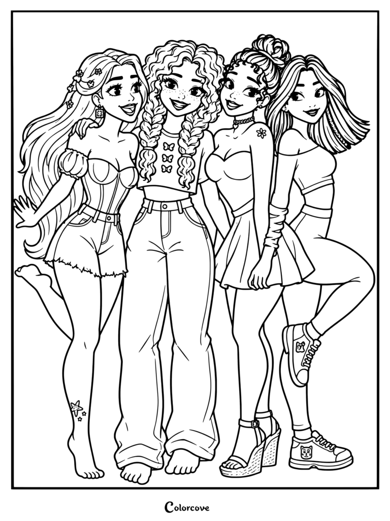 Un coloriage de Princesses Disney à imprimer montrant des relookings en vêtements de rue modernes de Raiponce, Merida, Tiana et Mulan posant ensemble.