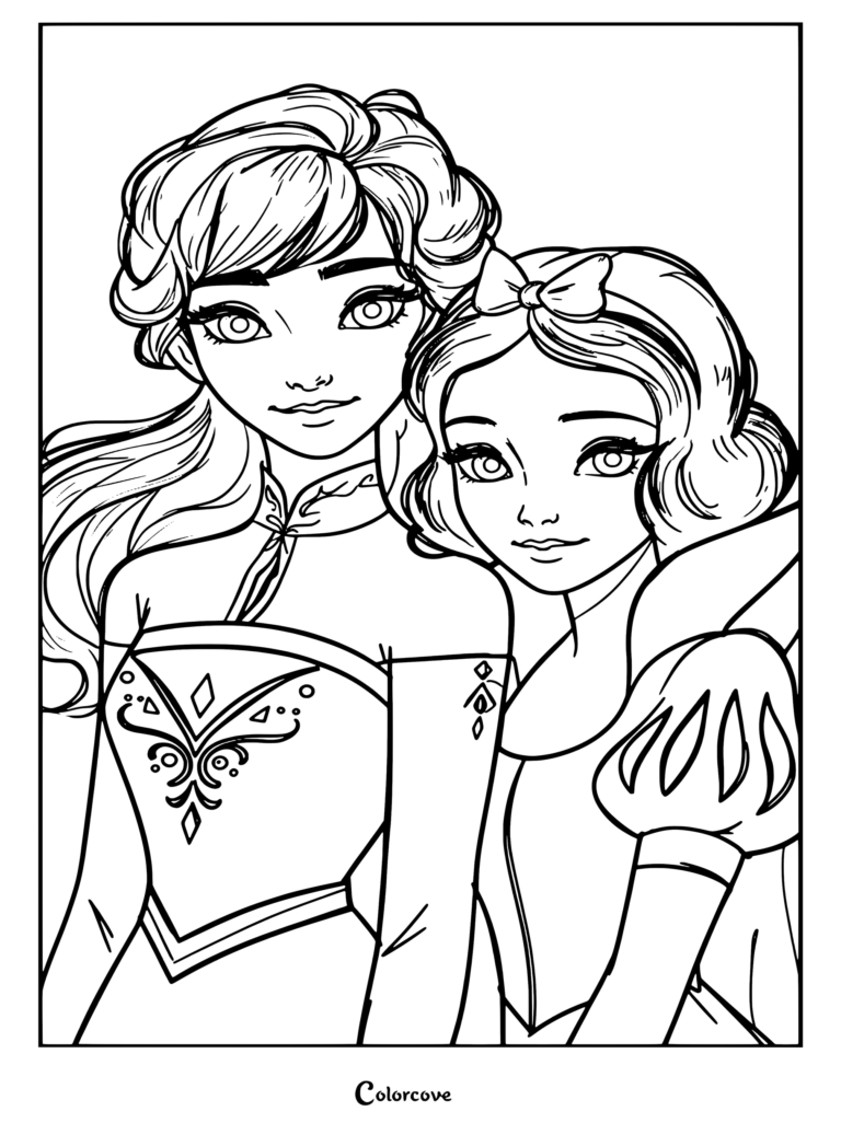 Coloriage de Princesses Disney présentant des illustrations stylisées d'Anna (La Reine des Neiges) et de Blanche-Neige (Blanche-Neige et les Sept Nains) côte à côte.