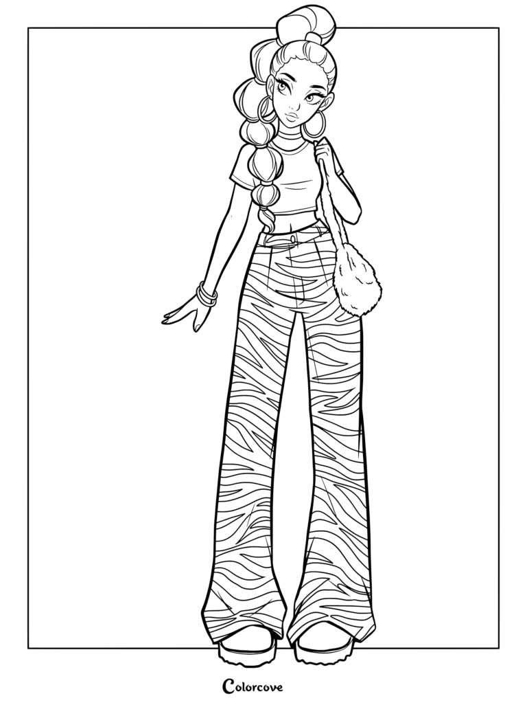 Coloriage d'illustration de mode numérique d'une Princesses Disney moderne et décontractée, Jasmine, vêtue d'une tenue à imprimé zébré.