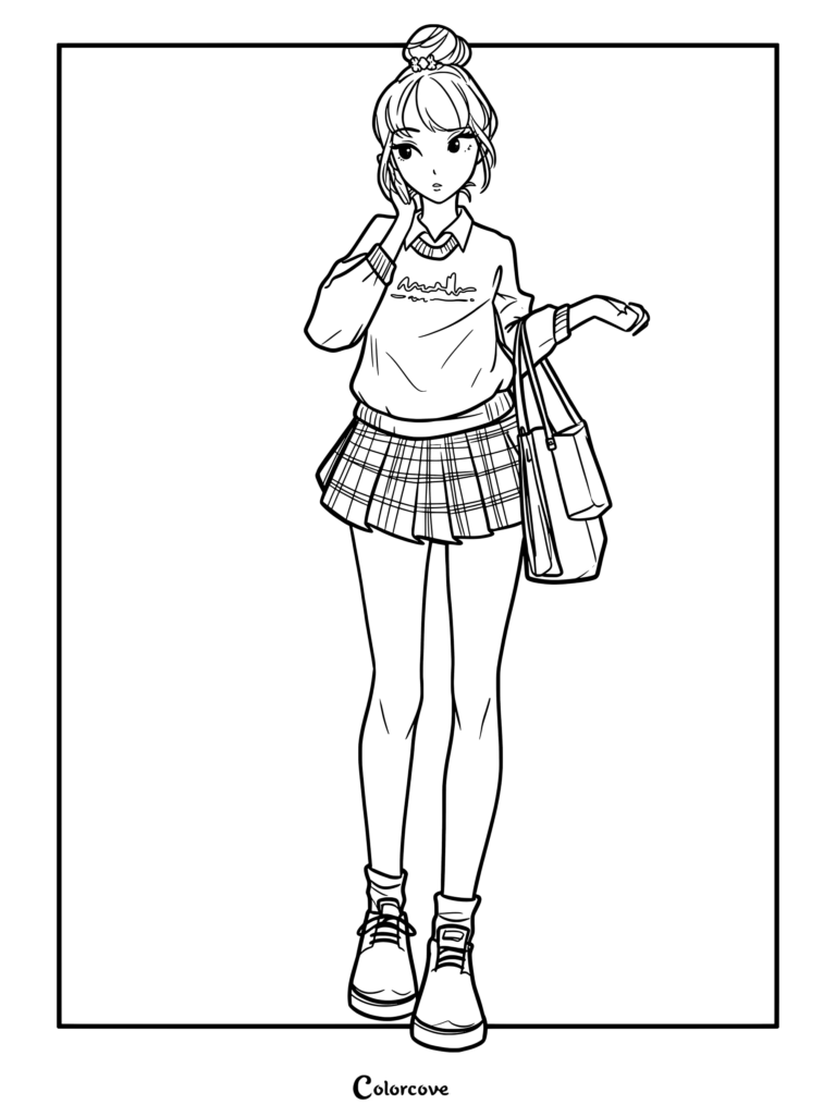 Coloriage représentant une Cendrillon moderne et décontractée de la série des Princesses Disney, portant un sweat-shirt et une jupe à carreaux tout en tenant un sac.