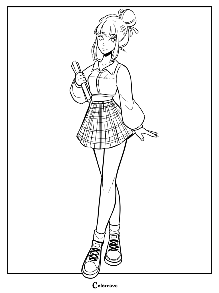 Un coloriage de Princesses Disney à imprimer représentant une Cendrillon moderne et décontractée tenant un carnet et portant une jupe plissée.