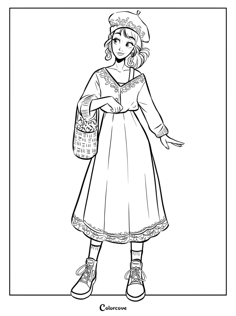 Un dessin fan art d'Anna en tant que coloriage de Princesses Disney inspiré du style cottagecore.
