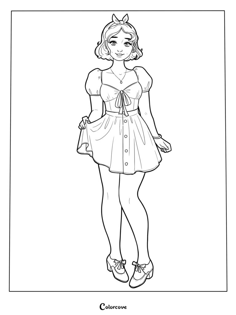Coloriage gratuit à imprimer de Princesses Disney d'une Blanche-Neige au style moderne portant un haut à manches bouffantes noué sur le devant et une jupe boutonnée.