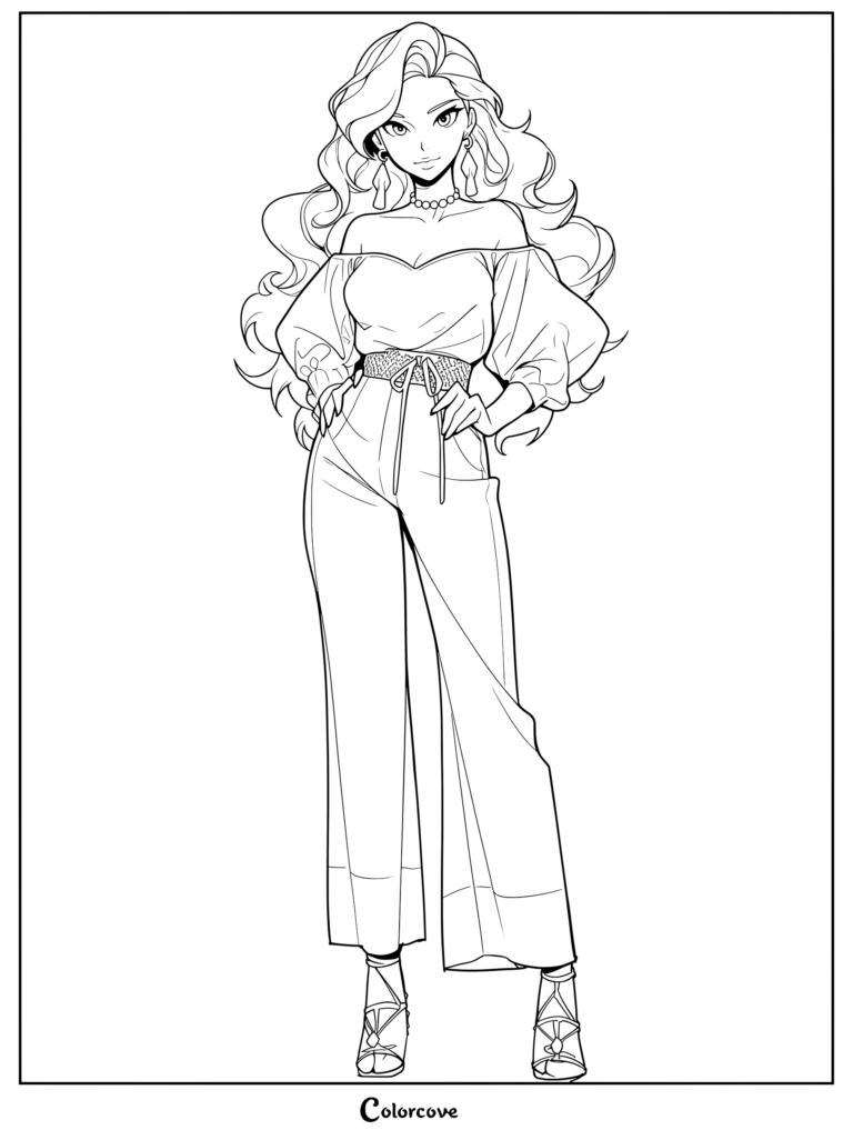 Coloriage de Princesses Disney représentant une Ariel moderne et élégante (La Petite Sirène) avec de longs cheveux flottants et une tenue dénudée sur les épaules.
