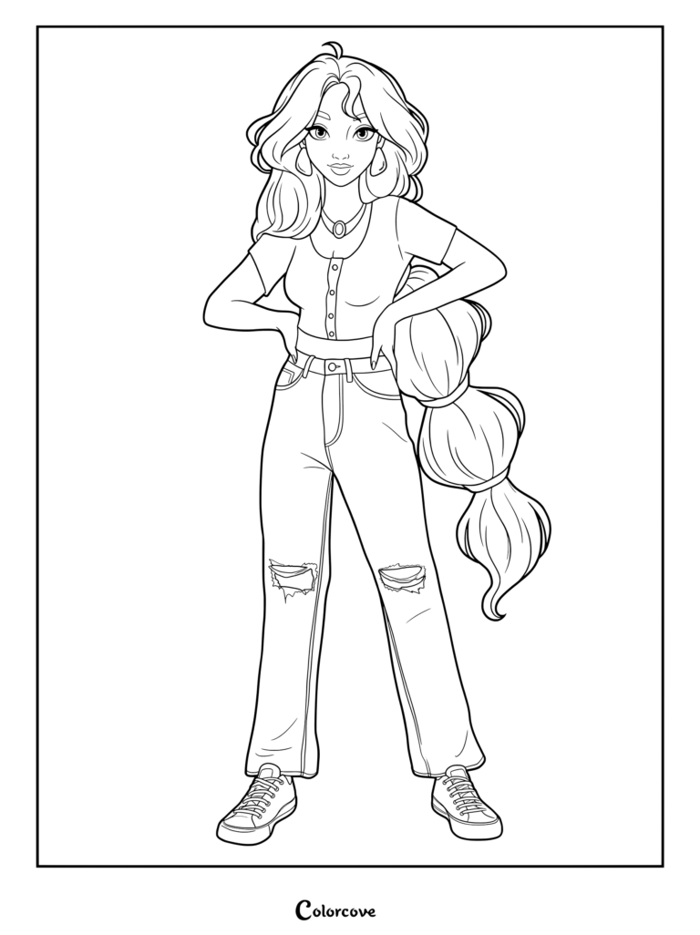 Coloriage de Princesses Disney présentant une interprétation moderne de Jasmine vêtue d'un haut court boutonné, d'un jean déchiré et de baskets tout en tenant une longue tresse à bulles.