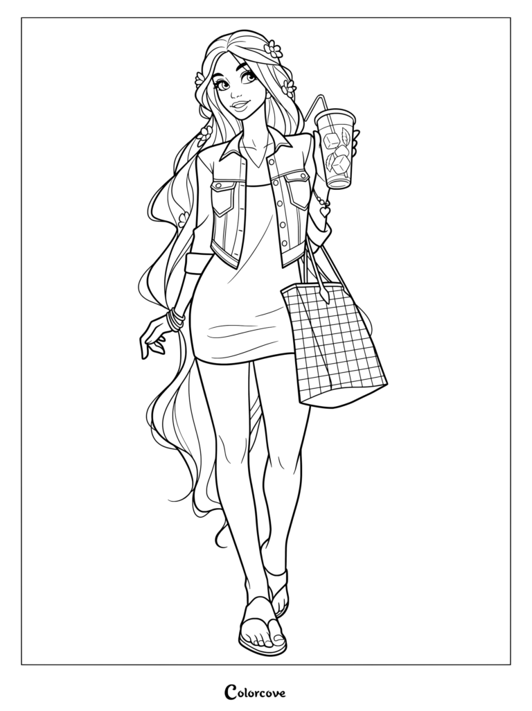 Illustration fan art moderne de Raiponce en tant que coloriage de Princesses Disney, marchant avec une boisson et un sac de shopping.