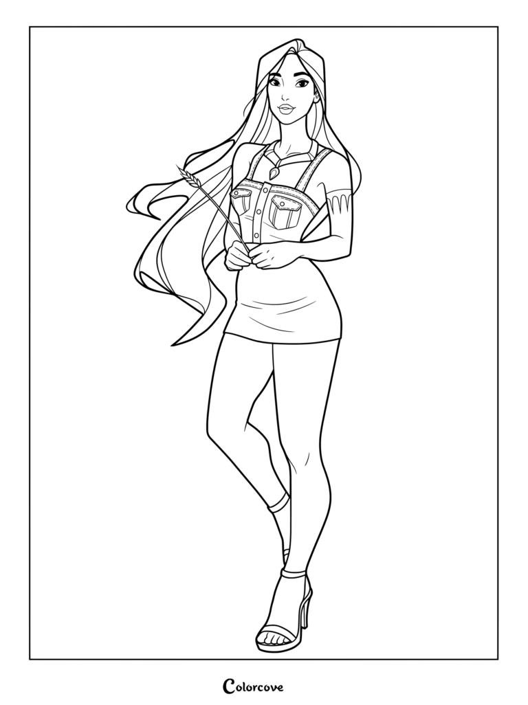 Coloriage de Princesses Disney de Pocahontas représentant le personnage dans une tenue de mode moderne tenant une flèche.
