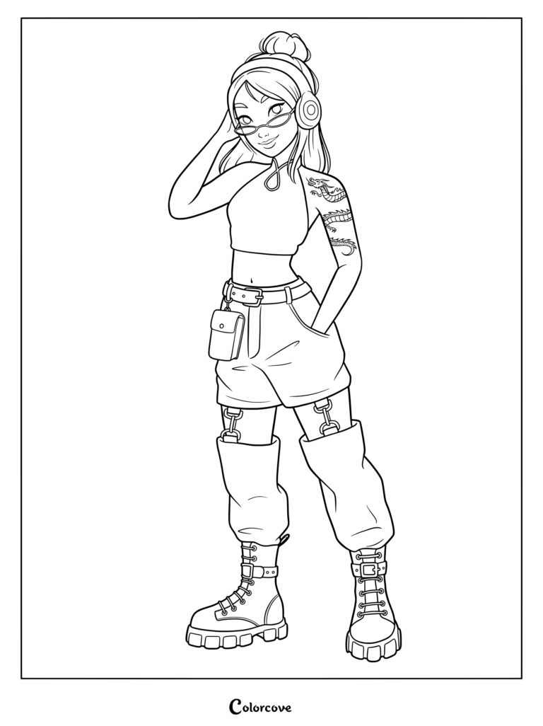 Un coloriage fan art inspiré du streetwear moderne de Fa Mulan (du film Mulan de Disney), arborant un tatouage de dragon sur le bras et des bottes à plateforme.