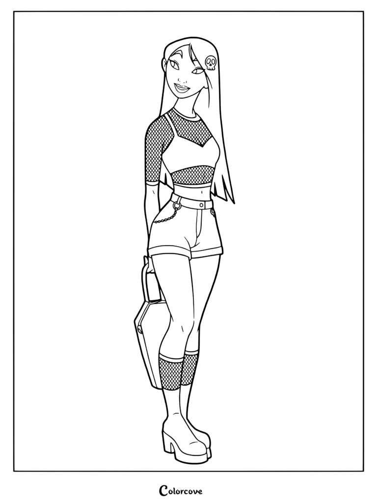 Coloriage de Princesses Disney de Mulan présentant un fan art de Mulan dans une tenue d'Halloween alternative d'inspiration gothique par l'artiste Lintushadow.